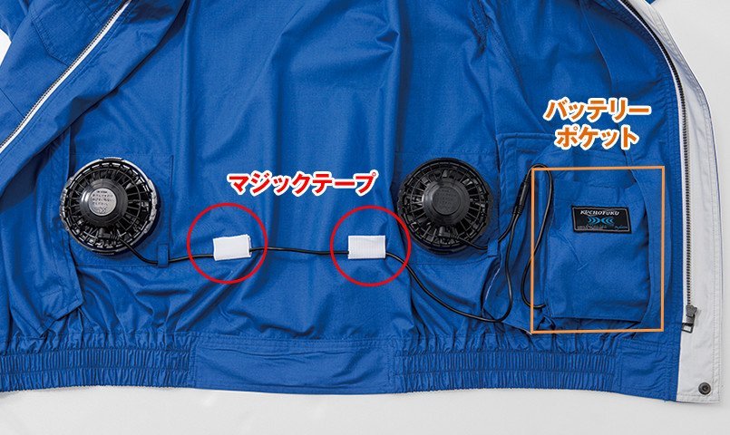 いちばん長いケーブルをマジックテーブで固定します。バッテリーをポケットの中に入れてセット完了です。