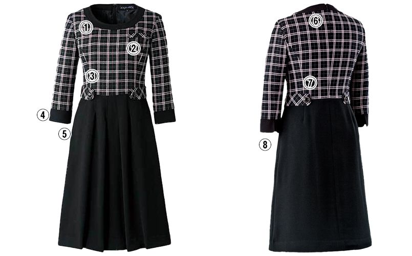 en joie(アンジョア) 61610 黒ベースに優しいピンクのチェック柄・七分袖ワンピース(女性用) 商品詳細・こだわりPOINT